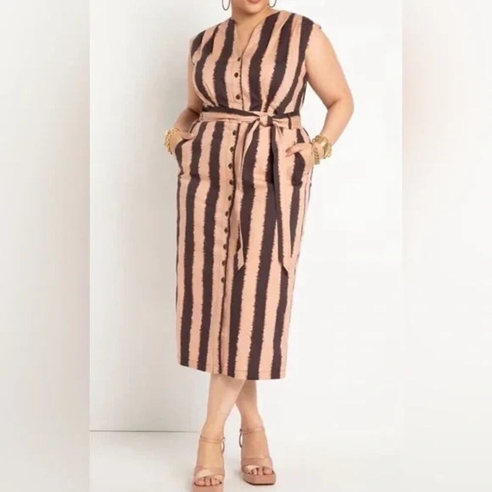 ELOQUII Brown Tan Striped Sleeveless Midi Cotton Dress Belted Sz 14